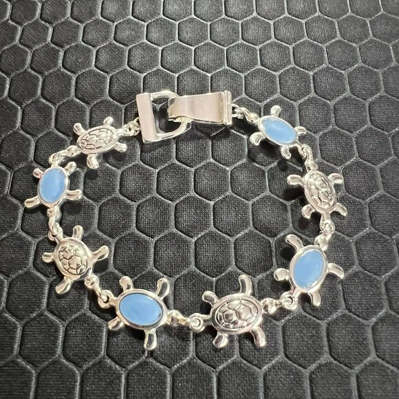 Turtle Bracelet with Blue Sea Glass Made of .925 Silver - Picture 1 of 1